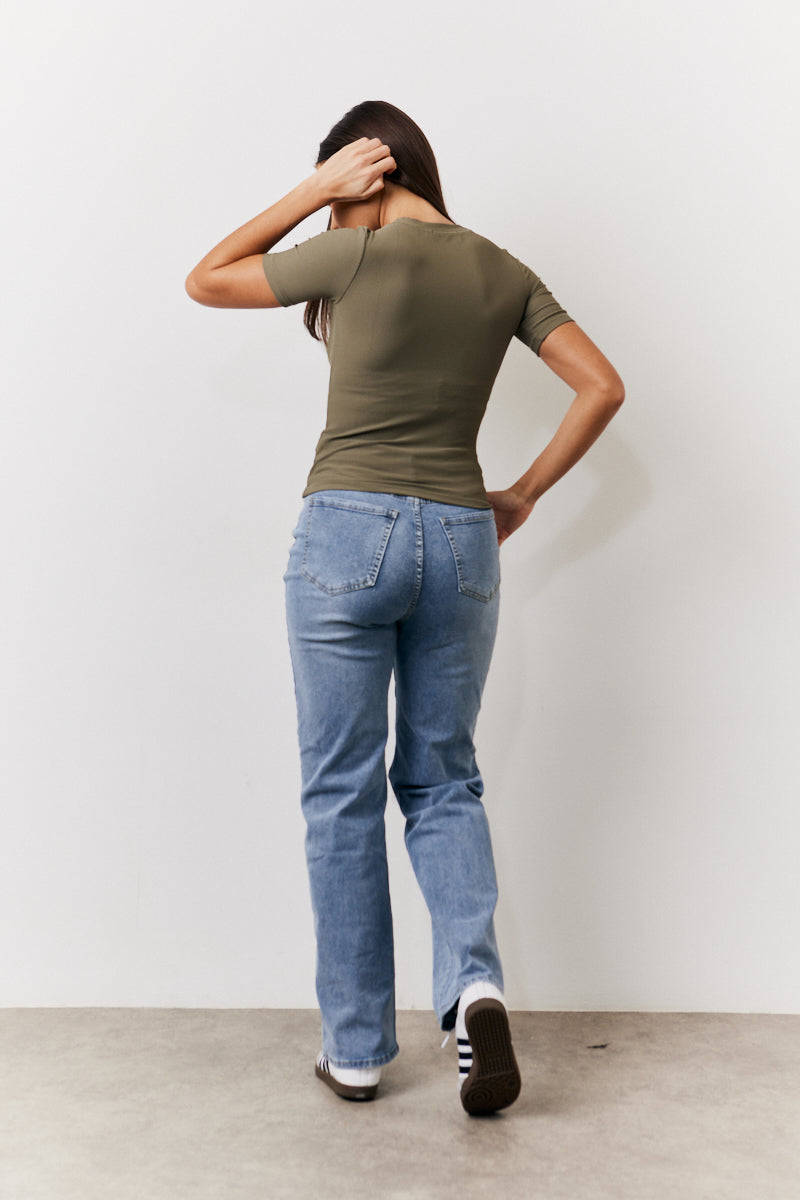 Khaki Ribbed Crew Neck Short Sleeve Top