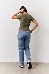 Khaki Ribbed Crew Neck Short Sleeve Top