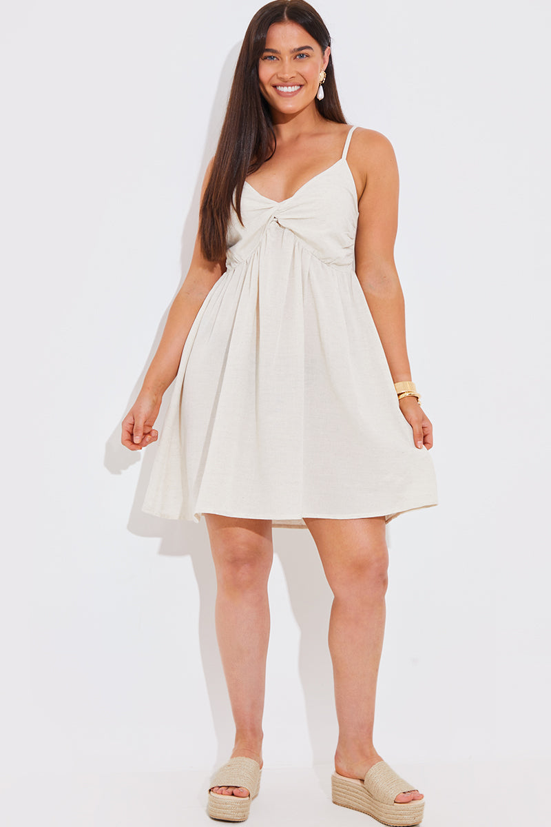 Linen Look Strappy Twist Front Mini Dress