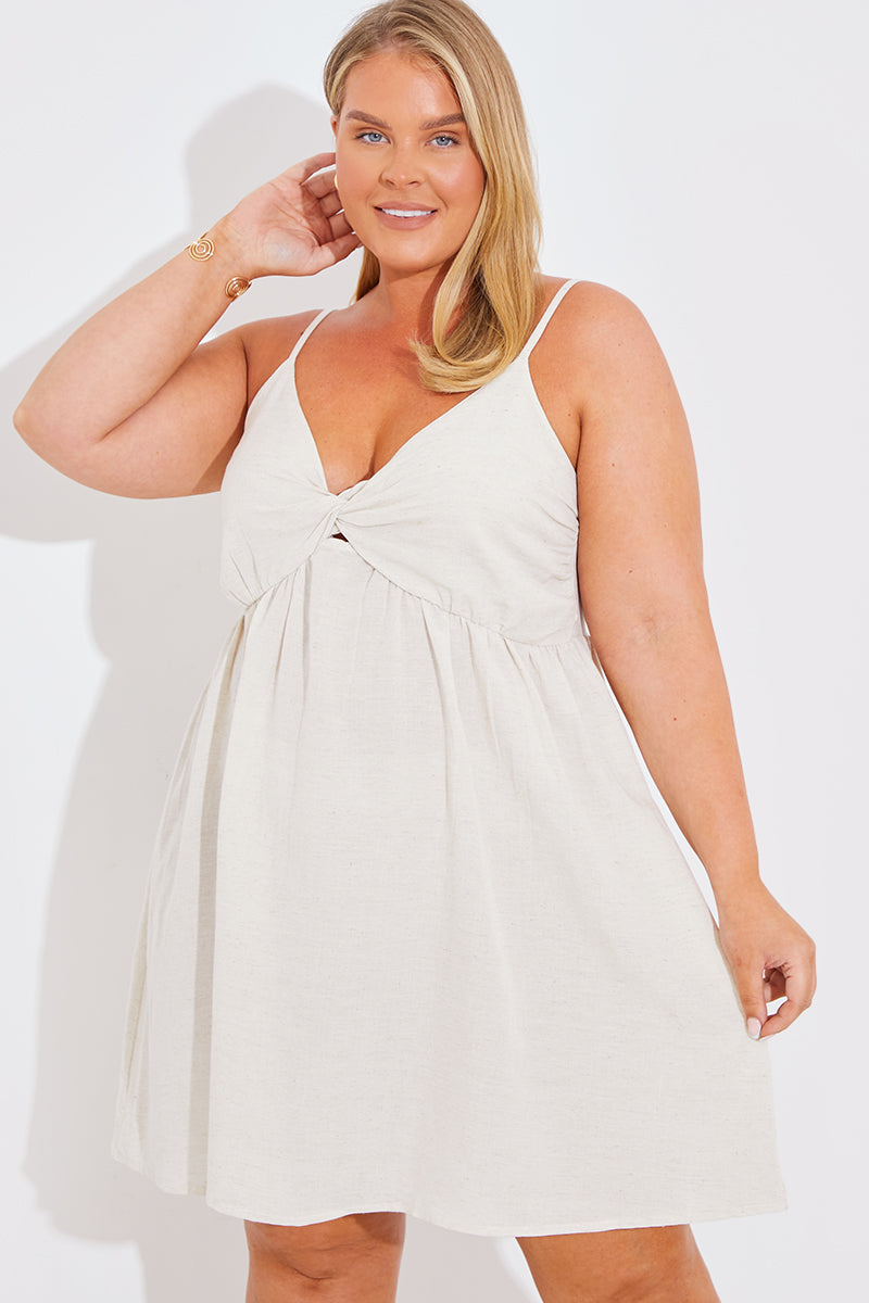 Linen Look Strappy Twist Front Mini Dress