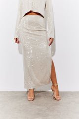Gold Sequin Slit Detail Midi Skirt