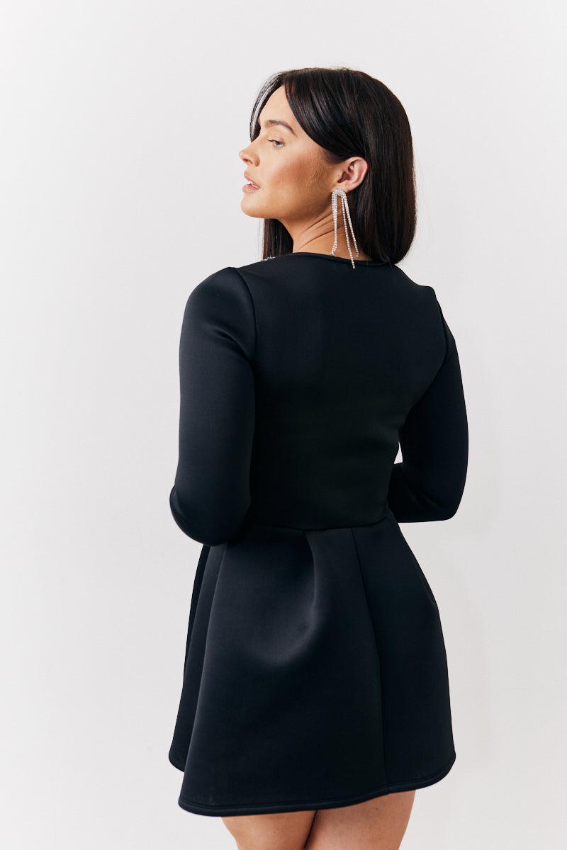Black Embellished Neckline Black Mini Dress