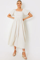 Linen Blend Puff Sleeve Square Neck Midaxi Dress