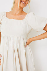 Linen Blend Puff Sleeve Square Neck Midaxi Dress