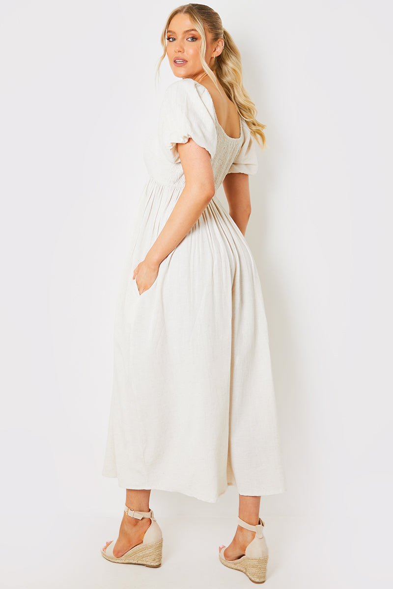 Linen Blend Puff Sleeve Square Neck Midaxi Dress