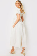 Linen Blend Puff Sleeve Square Neck Midaxi Dress