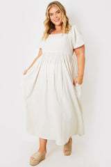 Linen Blend Puff Sleeve Square Neck Midaxi Dress