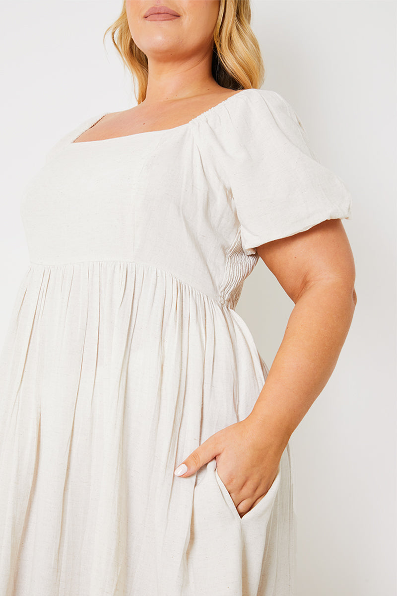 Linen Blend Puff Sleeve Square Neck Midaxi Dress