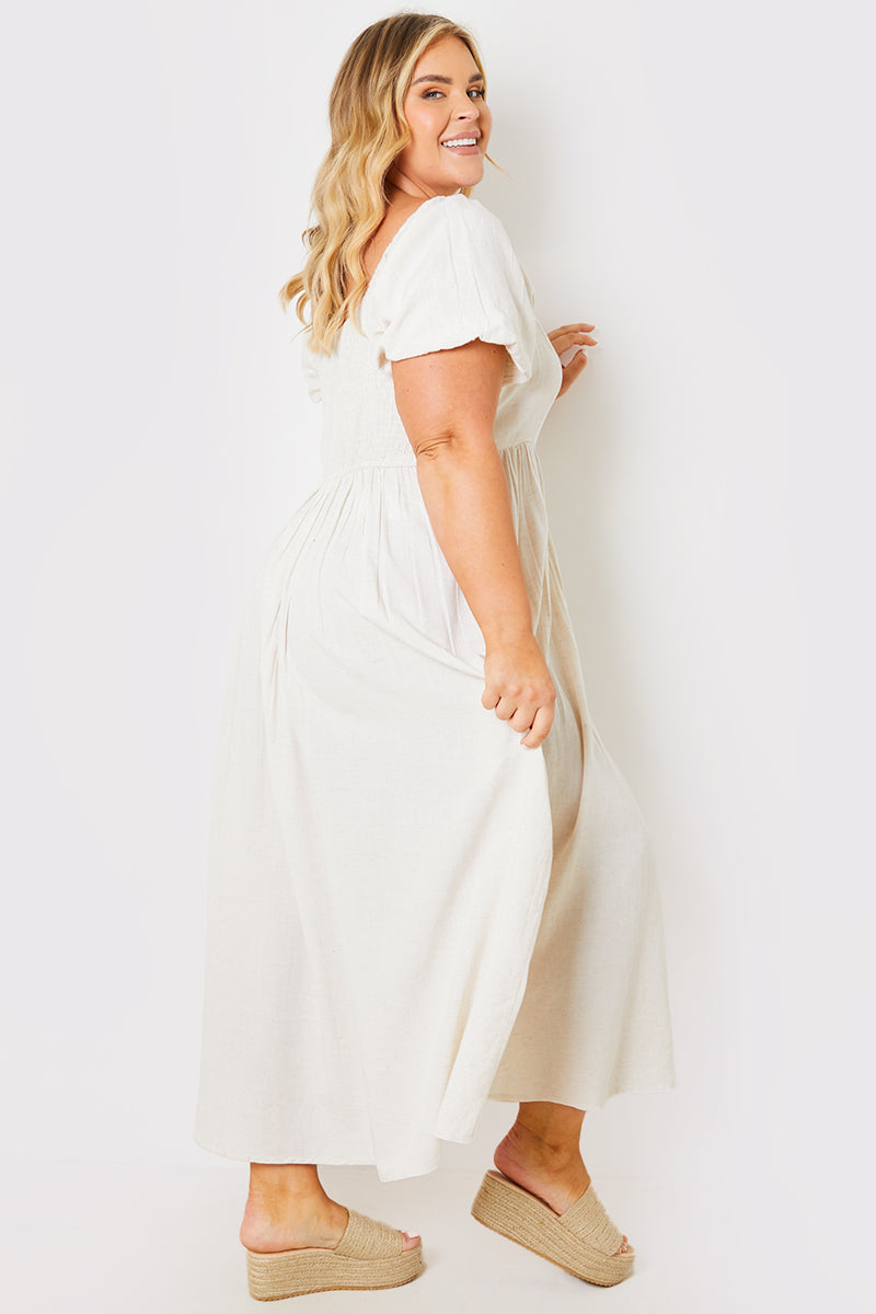 Linen Blend Puff Sleeve Square Neck Midaxi Dress