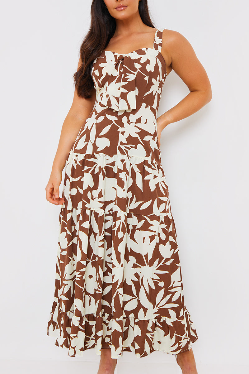 Floral Printed Tie Bust Tiered Maxi Dress