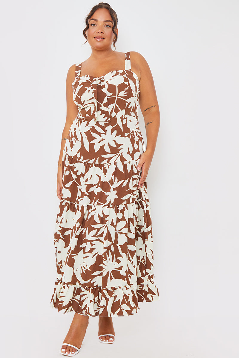 Floral Printed Tie Bust Tiered Maxi Dress