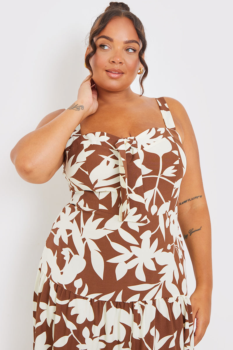 Floral Printed Tie Bust Tiered Maxi Dress