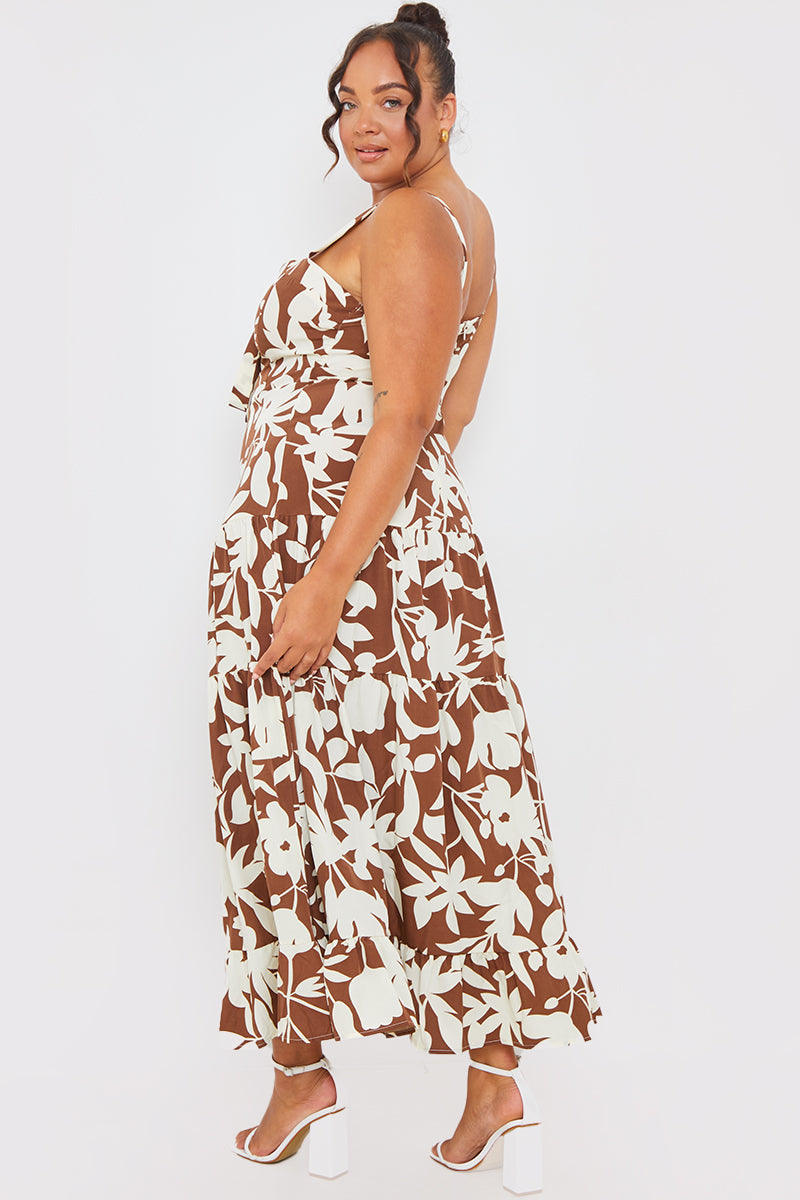Floral Printed Tie Bust Tiered Maxi Dress