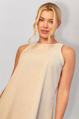 Stone Linen High Neck Sleeveless Smock Mini Dress