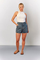 Mid Blue Denim Paper Bag Shorts