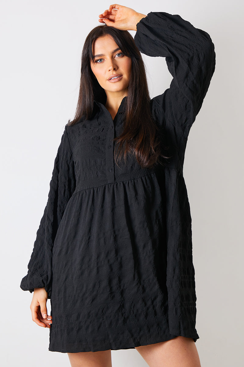 Textured Button Through Collared Smock Dress