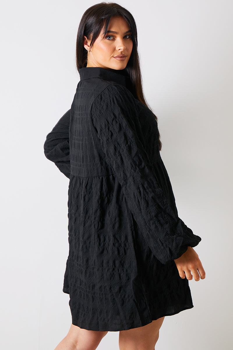 Textured Button Through Collared Smock Dress