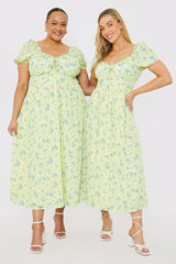 Printed Gathered Bust Puff Sleeve Midi Dress