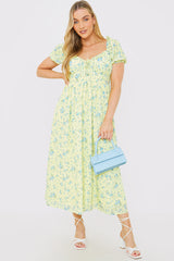 Printed Gathered Bust Puff Sleeve Midi Dress