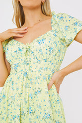 Printed Gathered Bust Puff Sleeve Midi Dress