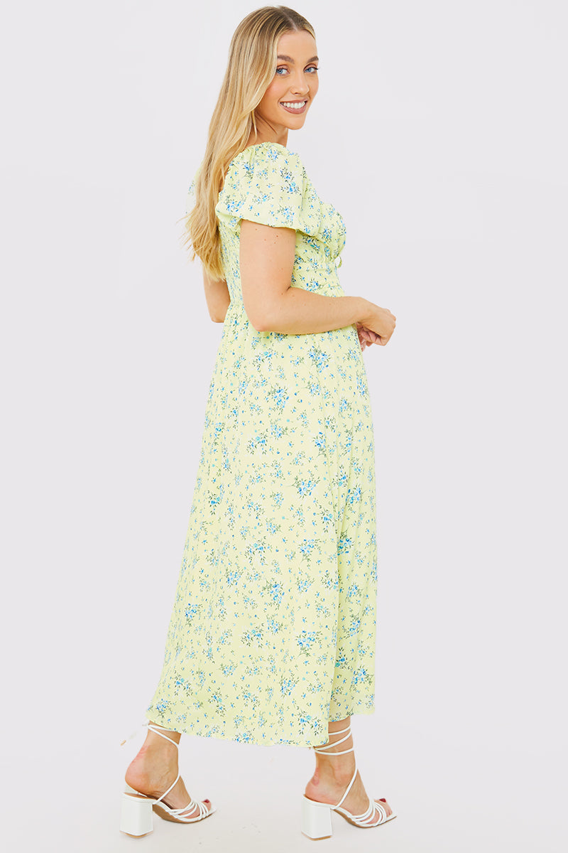 Printed Gathered Bust Puff Sleeve Midi Dress
