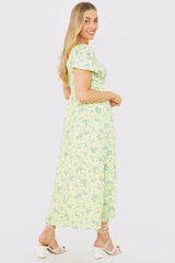 Printed Gathered Bust Puff Sleeve Midi Dress