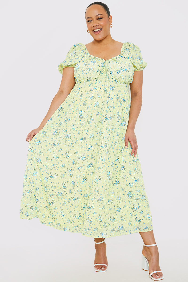 Printed Gathered Bust Puff Sleeve Midi Dress