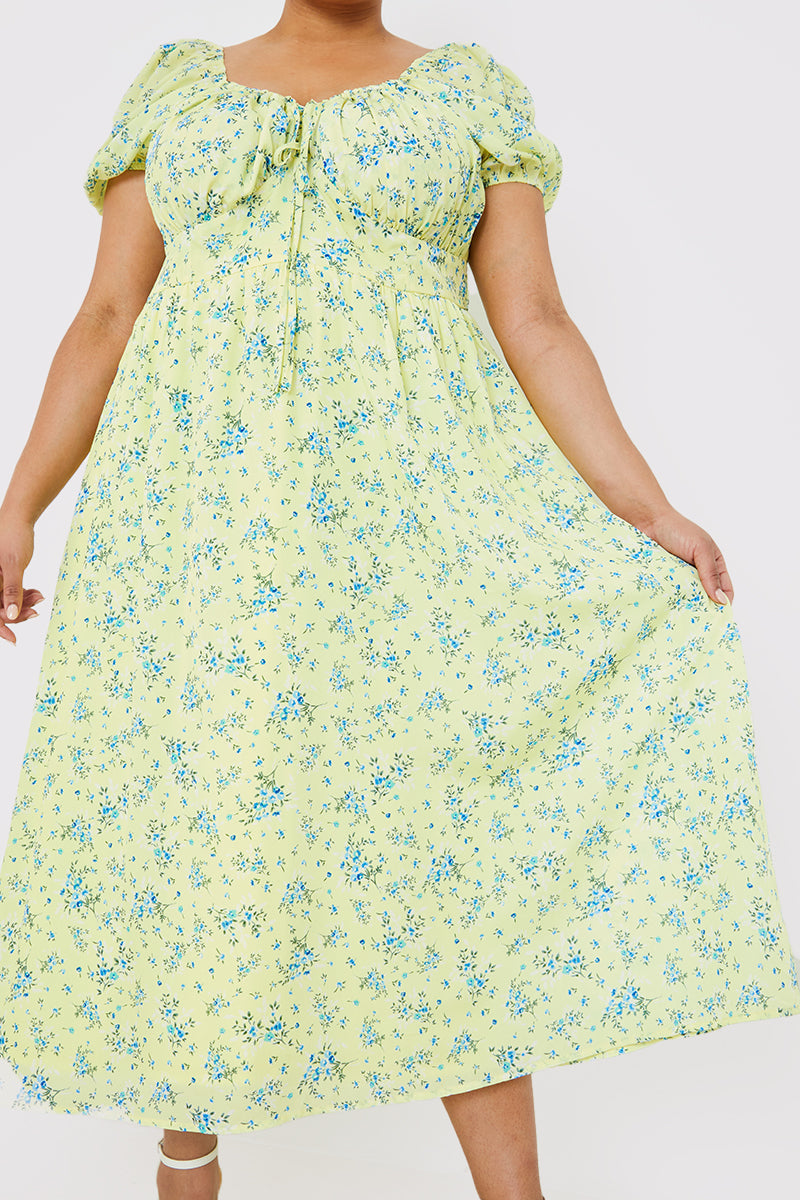 Printed Gathered Bust Puff Sleeve Midi Dress