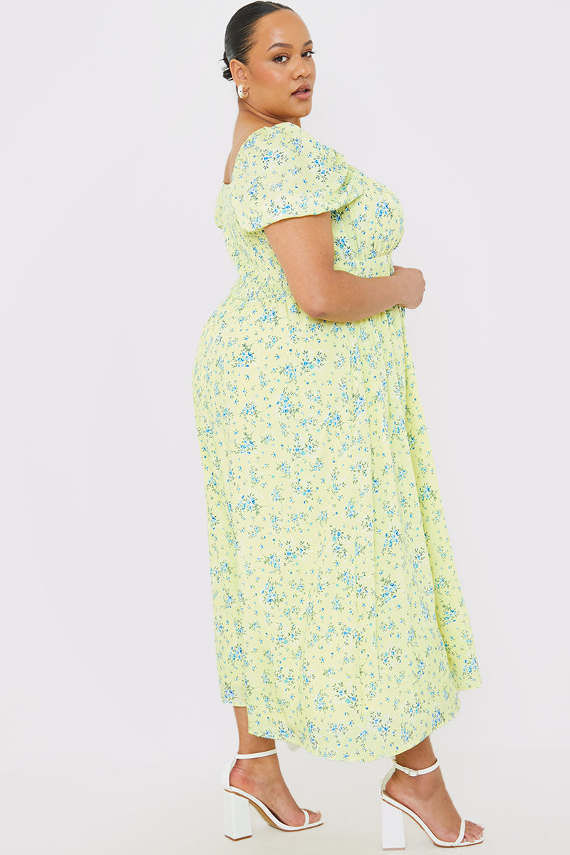 Printed Gathered Bust Puff Sleeve Midi Dress