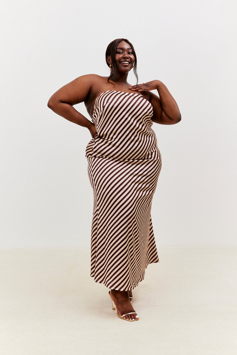 Satin Stripe Bandeau Maxi Dress