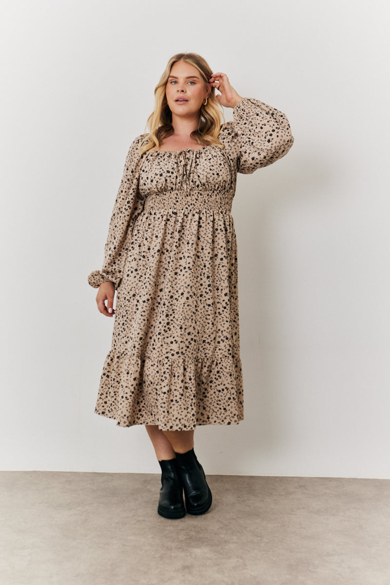 Floral Printed Tiered Midi Dress with Ruched Bust and Tie Front Detail