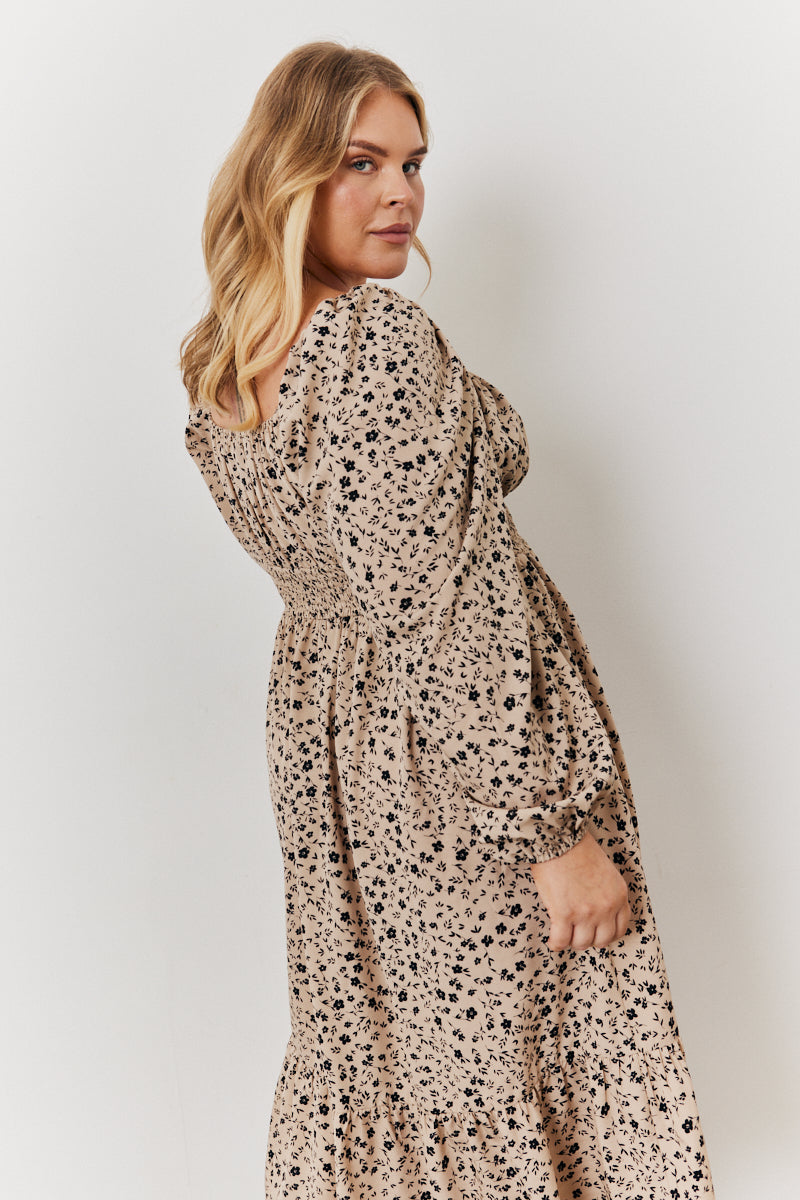 Floral Printed Tiered Midi Dress with Ruched Bust and Tie Front Detail