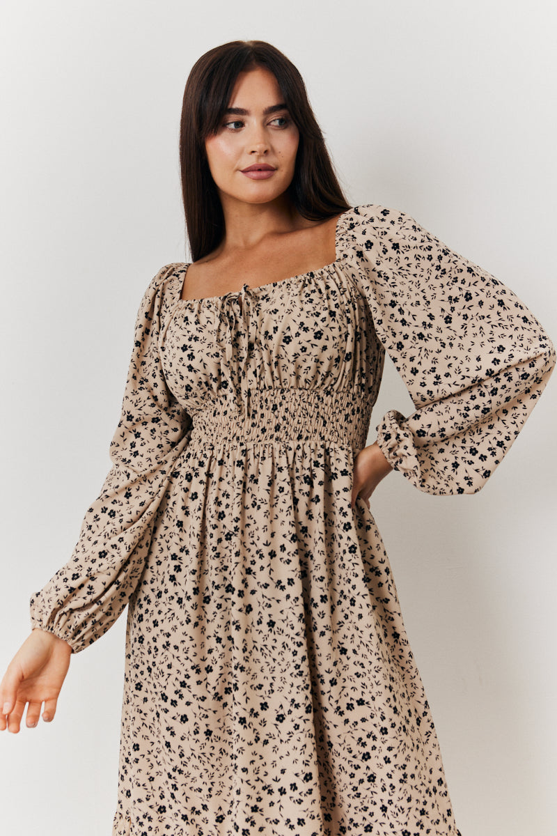 Floral Printed Tiered Midi Dress with Ruched Bust and Tie Front Detail
