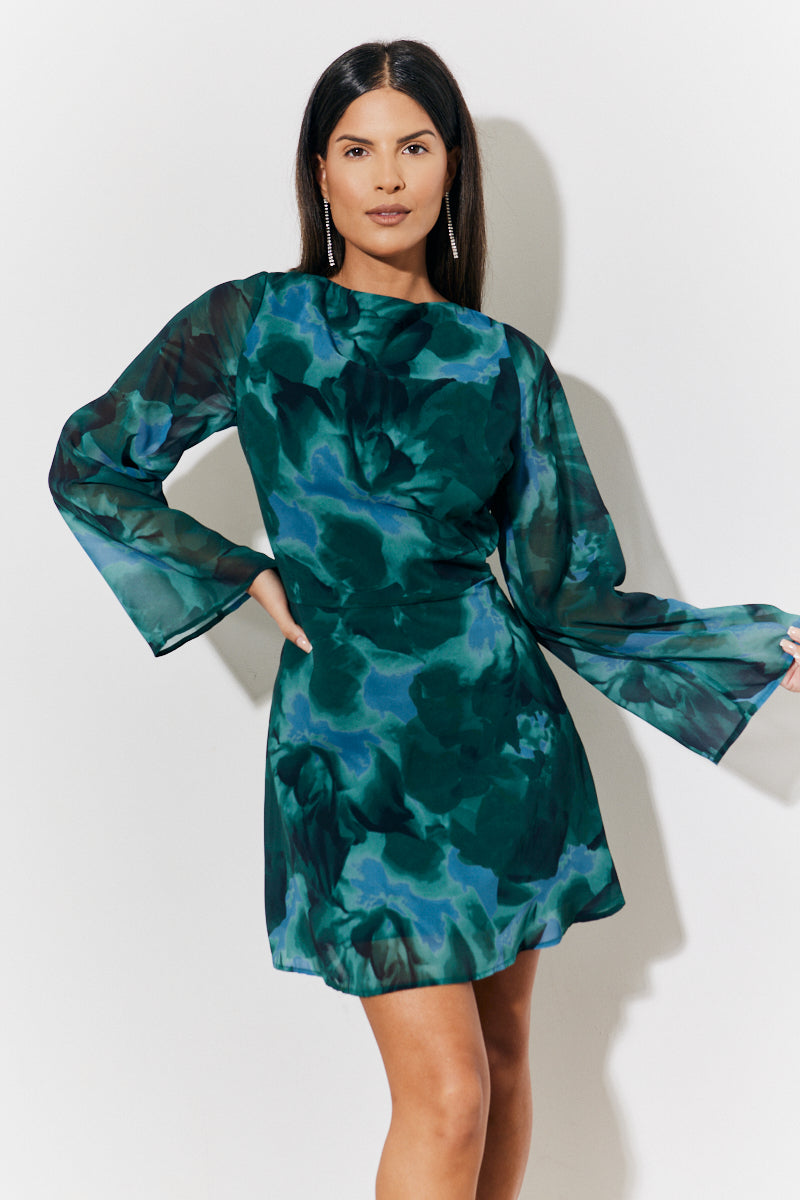 Printed Draped Back Boat Neck Mini Dress