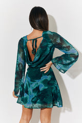Printed Draped Back Boat Neck Mini Dress