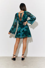 Printed Draped Back Boat Neck Mini Dress