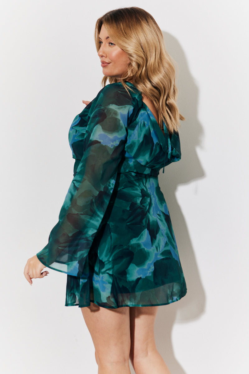 Printed Draped Back Boat Neck Mini Dress