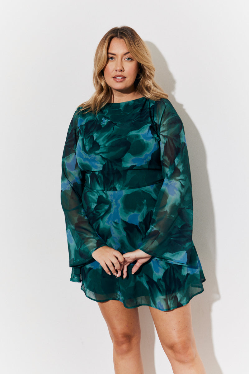 Printed Draped Back Boat Neck Mini Dress