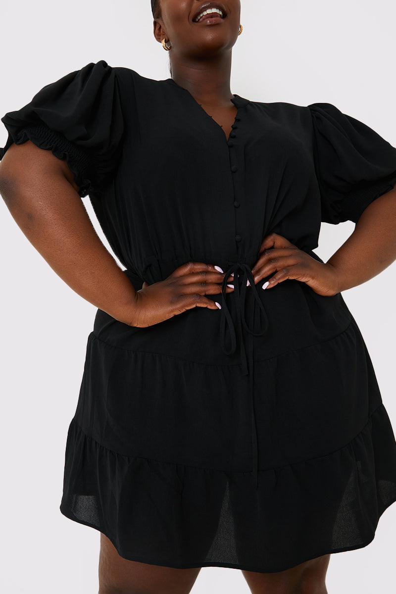 Drawstring Waist Balloon Sleeve Mini Dress