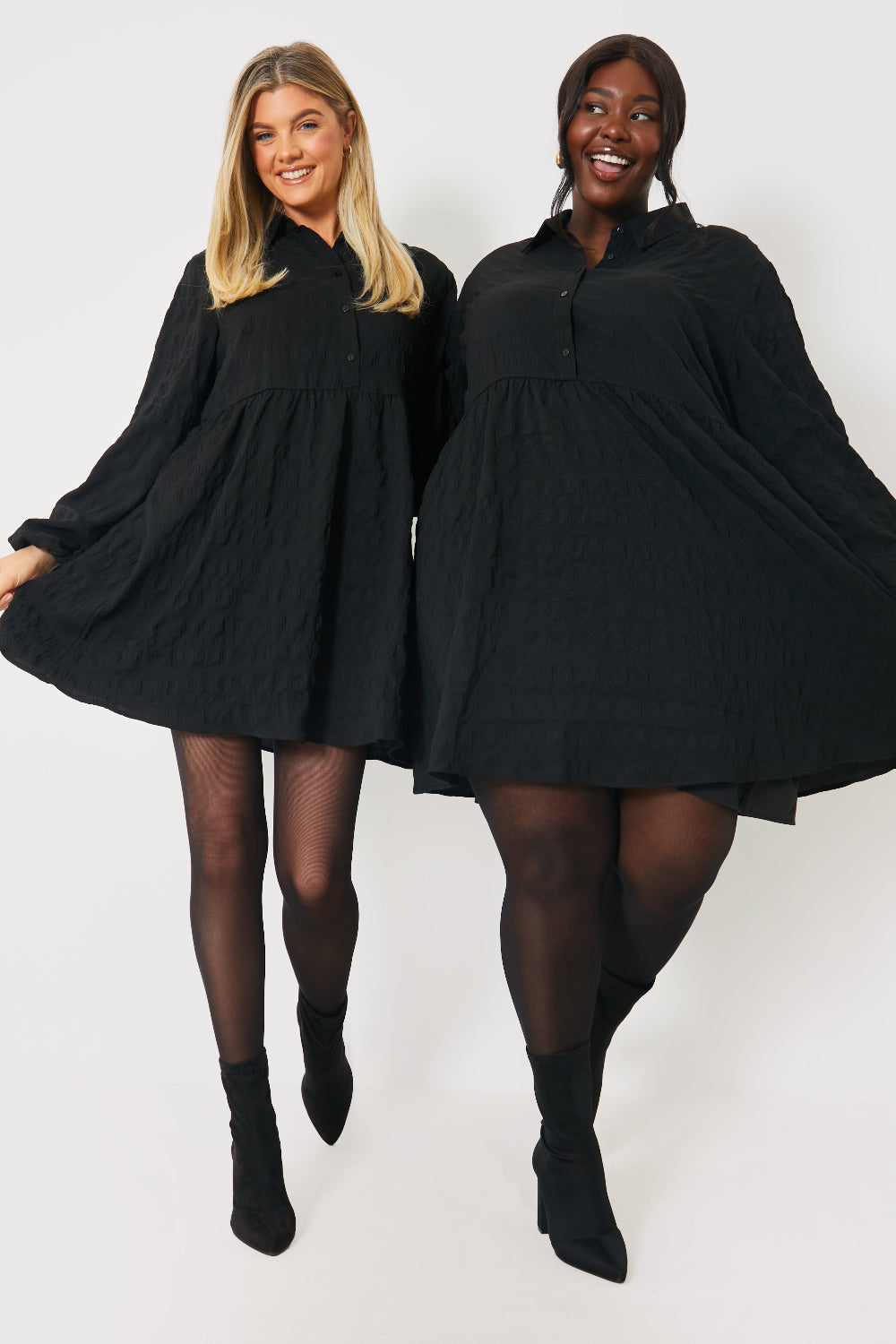 Textured Button Through Collared Smock Dress