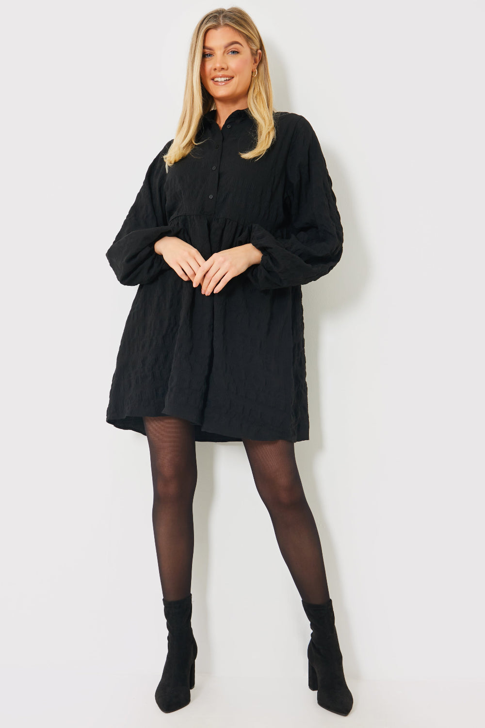 Textured Button Through Collared Smock Dress