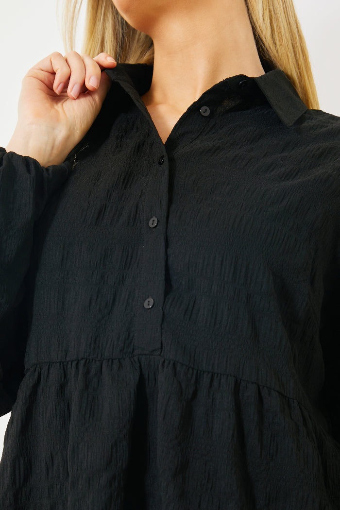 Textured Button Through Collared Smock Dress