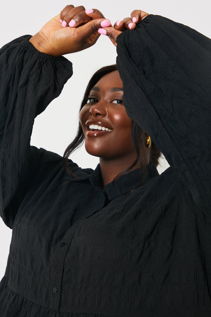 Textured Button Through Collared Smock Dress