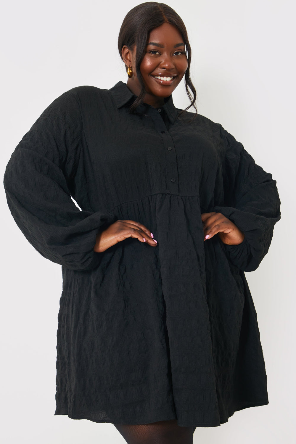 Textured Button Through Collared Smock Dress