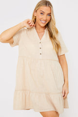 Linen Blend Trim Detail Collared Smock Dress