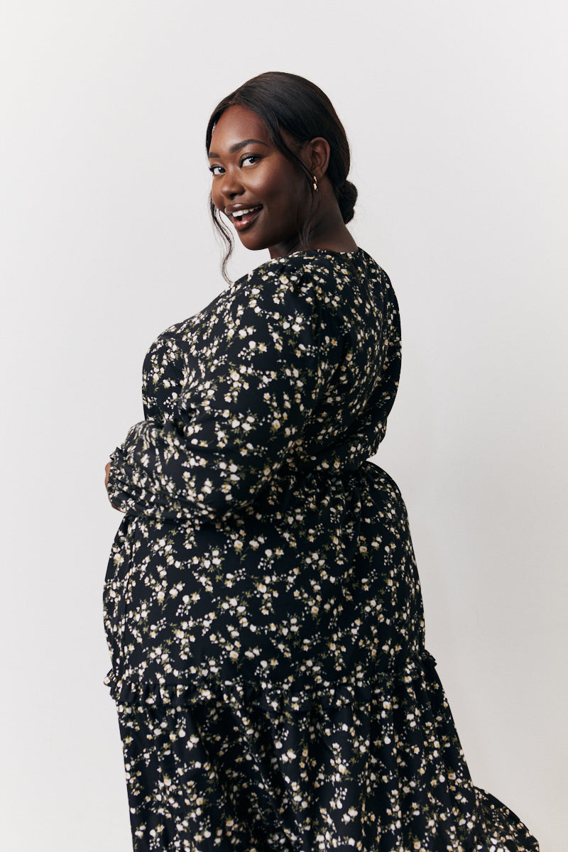 Black Ditsy Floral Printed Wrap Midi Dress