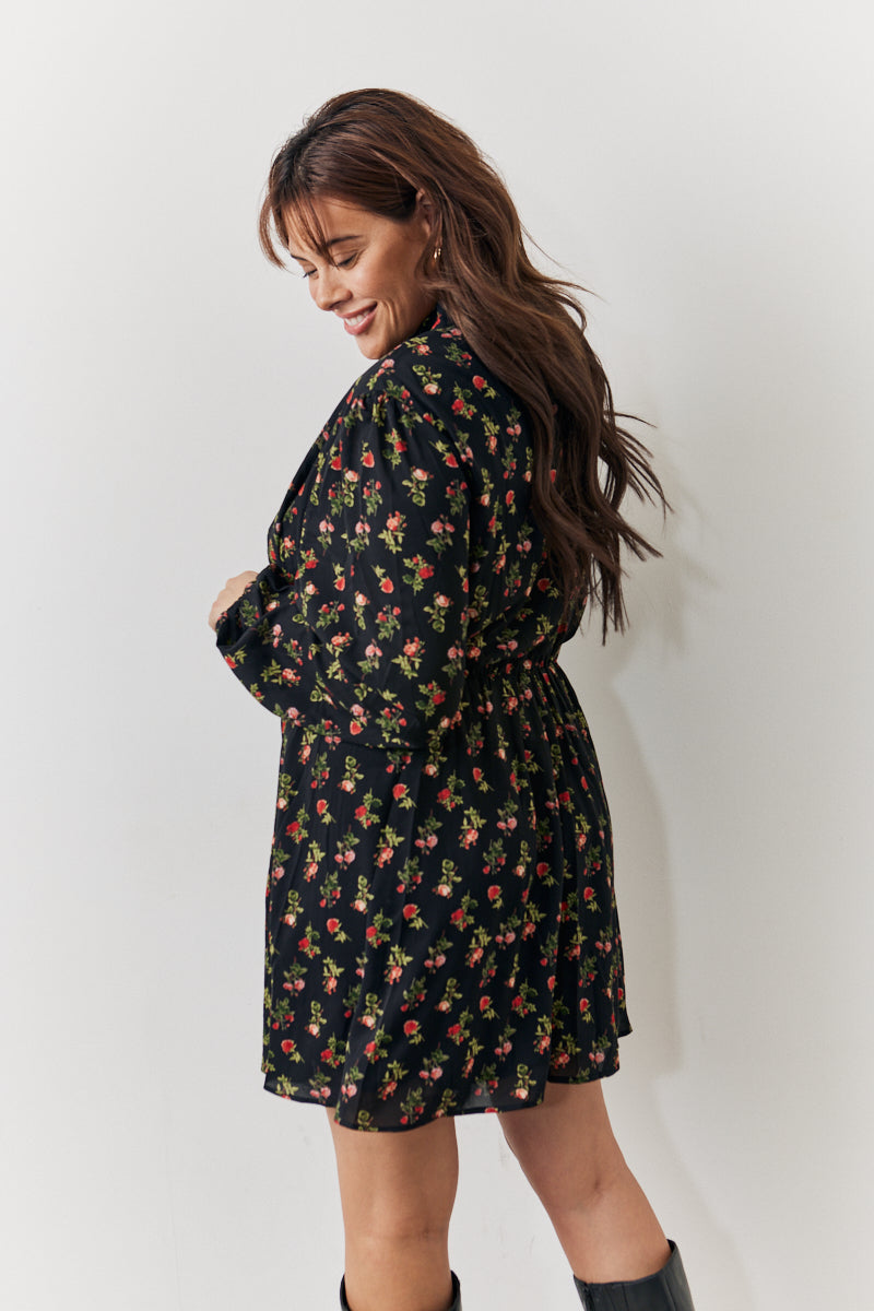 Black Rose Print High Neck Mini Dress
