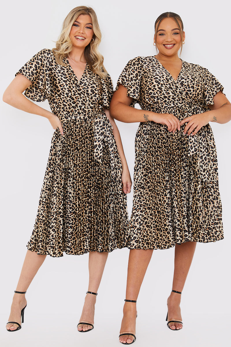 Leopard Print Pleated Midi Dress