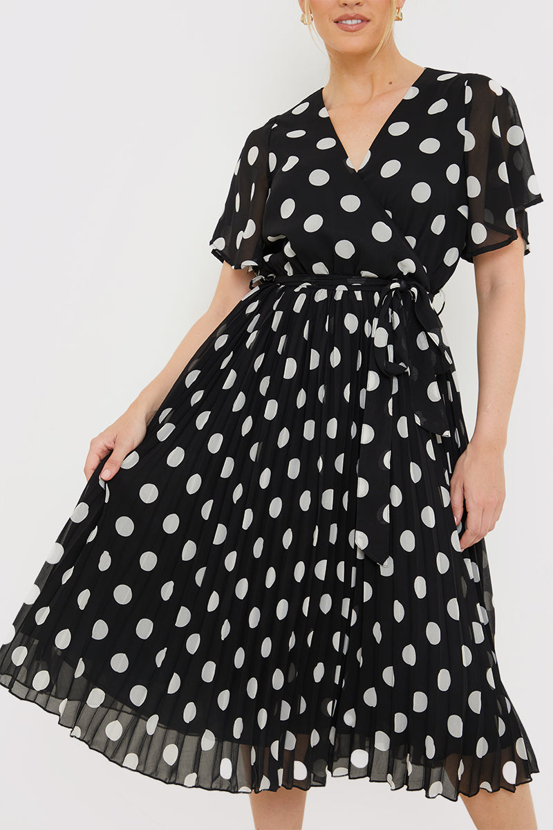Polka Dot Print Pleated Wrap Midi Dress