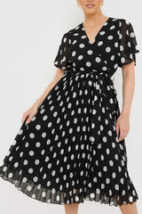 Polka Dot Print Pleated Wrap Midi Dress